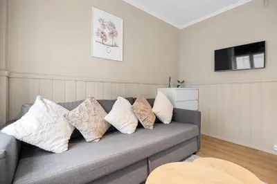 a living room with a gray couch with pillows at Central stay apartment - 301 in Bergen