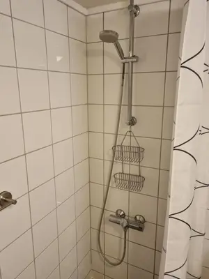 a shower with a shower head in a bathroom at Brygga B&B Trondheim sentrum, privat rom i vårt hjem in Trondheim