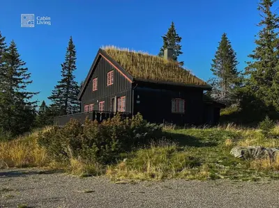 a black barn with a grass roof on a hill at Original Olympic cabin ski in out Hafjell in Hunder
