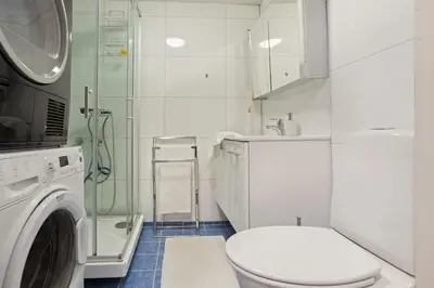 a bathroom with a toilet and a washing machine at Historisk hus i hjertet av byen in Bergen