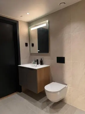 a bathroom with a toilet and a sink and a mirror at Chalet Chablis in Hemsedal