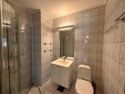 a bathroom with a toilet and a sink and a shower at Cozy 3 Bedroom, Terrace, Pets Welcome in Beitostøl