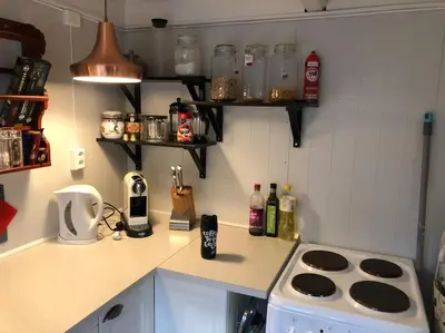 a kitchen with a stove and a counter top at Rindalsskogen cabin in Løfald
