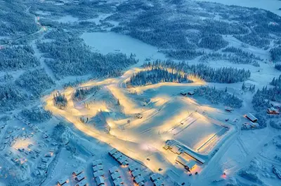 an aerial view of a ski resort in the snow at Perfectly Located Timber Cabin For 6-8 Guests in Beitostøl