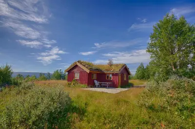 a red cabin with a grass roof on a field at Charming Cabin With Old Timber, Fireplace & Views in Beitostøl