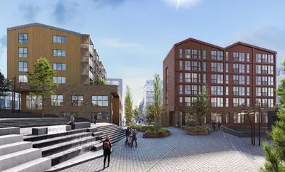 a rendering of a campus with buildings and people walking at Thon Hotel Straume in Straume