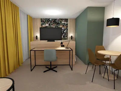 a room with a desk with a tv and chairs at Thon Hotel Straume in Straume