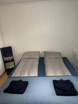a bedroom with two beds with pillows on it at Prime location, 400 m from the town centre in Vossevangen