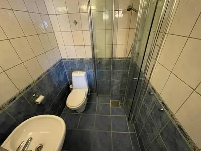 a bathroom with a toilet and a shower and a sink at Granmo Camping in Oppdal