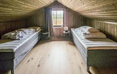 two beds sitting in a room with a roof at Stunning Home In Vinje With Wifi in Trovatn