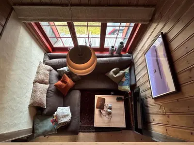 an overhead view of a living room with a couch at Spacious cabin with beautiful Geilo views in Geilo