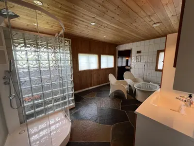 a bathroom with a shower and a sink and a toilet at Grand Log Cabin With Fireplace And 12-14 Beds in Beitostøl