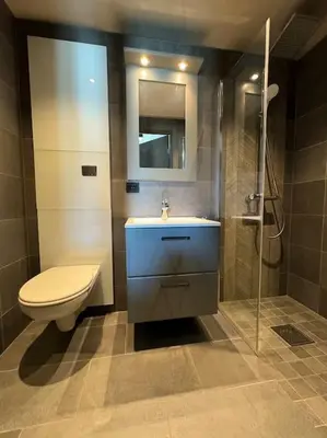 a bathroom with a toilet and a sink and a shower at Riddertunets stilfulle in Beitostøl