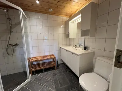 a bathroom with a toilet and a sink and a shower at Bright, Open Apartment In Beitostølen in Beitostøl
