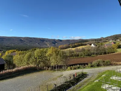 a view of a field and a river with trees at Charming Getaway ,Near Ski Trails And Hiking Paths in Beitostøl