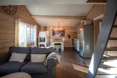 a living room with a couch and a kitchen at Vikinggrenda 21B in Trysil