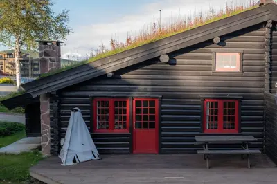 a log cabin with red doors and a bench at Vikinggrenda 21B in Trysil