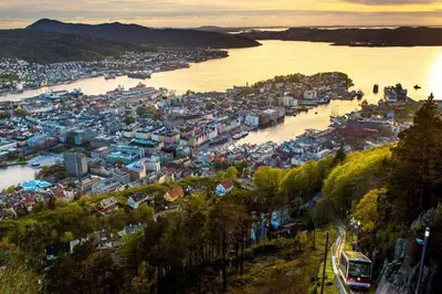 an aerial view of a city next to a river at Central 1 bedroom apartment with a view in Bergen