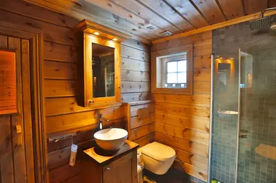 a bathroom with a sink and a toilet and a shower at Relaxing Getaway Sauna,Terrace and Pet friendly in Beitostøl