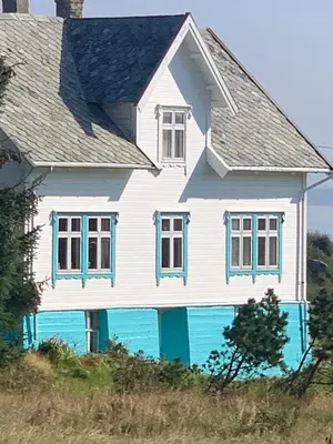 a white house with blue windows on a hill at Øyperlen in Hernar