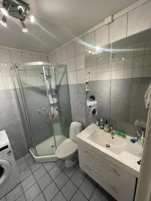a bathroom with a shower and a toilet and a sink at Cozy room near city centre in Trondheim