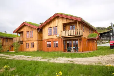 a wooden house with grass on the roof at Perfectly Located With Ski Access And Sauna in Beitostøl