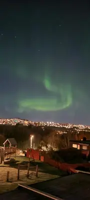 an aurora in the sky over a city at night at Rekkehus med 3 soverom in Trondheim