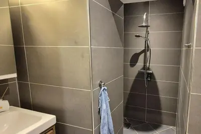 a bathroom with a shower and a sink at Luxurious city apartment in Bergen