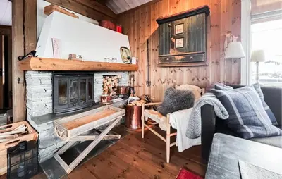 a living room with a couch and a fireplace at Fantastisk Hytte På Lenningen in Etnedal