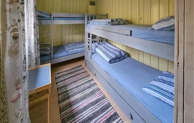 a room with three bunk beds and a rug at 2 Bedroom Awesome Home In Vikersund in Vikersund