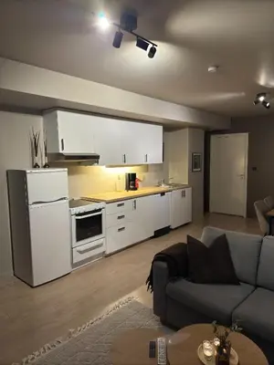 a living room with a couch and a kitchen at Cozy apartment near ski attractions in Geilo