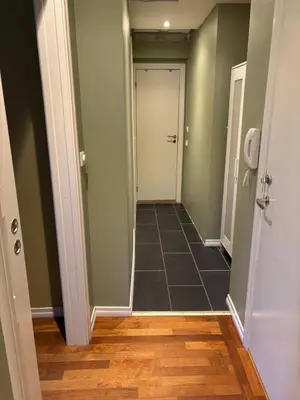 a hallway with green walls and a white door at Retro Apartment in Bergen