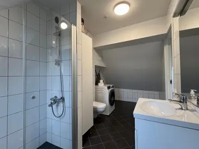 a bathroom with a shower and a sink and a toilet at Vetrlidsallmenningen 4 in Bergen