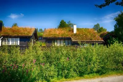 a house with a grass roof with a chimney at A Cozy, Rustic Retreat With Fireplace And Terrace in Beitostøl