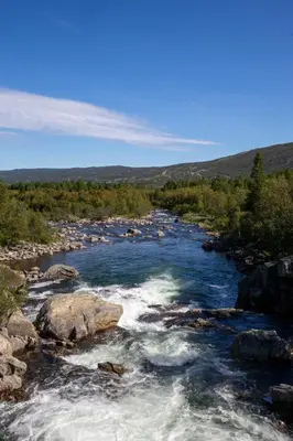 a river with rapids and rocks in a field at Charming and cozy cabin in Geilo in Geilo