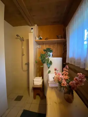 a bathroom with a shower and a toilet with flowers at Brattland Sæter in Strond