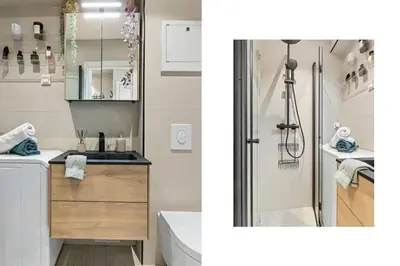 a bathroom with a tub and a sink and a shower at Lys og koselig leilighet leies ut til Ski VM 2025 in Trondheim
