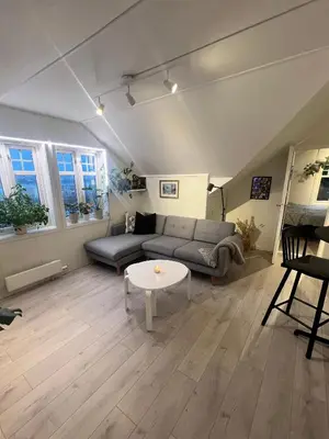 a living room with a couch and a table at Cozy apartment on the hill in Trondheim