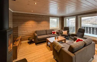a living room with couches and a fireplace at Moderne Hytte Midt I Skibakken in Ryfoss