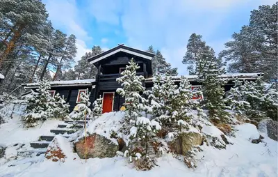 a log cabin in the snow with snow covered trees at Amazing Home In Hovet With Sauna in Hovet