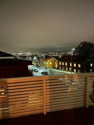 a view of a city at night from a fence at Singsaker Panorama in Trondheim