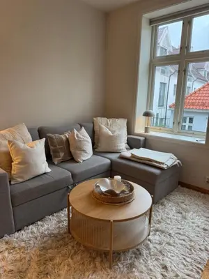 a living room with a couch and a table at Sentrumsnær trivelig leilighet in Bergen