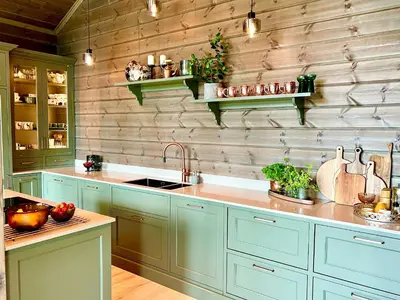 a kitchen with blue cabinets and a wooden wall at Family Cabin With Ski-Inski-Out In Trysil in Trysil