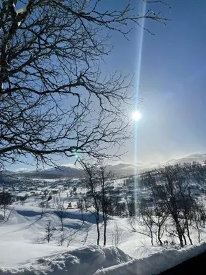 a snow covered field with the sun shining in the sky at Cosy Holiday Home With Stunning Views In Rauland in Rauland