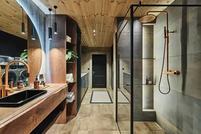 a bathroom with a shower and a sink at Luxury Cabin With Views in Stranda