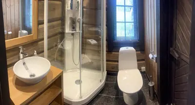 a bathroom with a shower and a toilet and a sink at Large Log Cabin, Ski Fun Near Dagali in Dagali