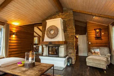 a living room with a fireplace in a house at Cozy Cabin In Uvdal With Jacuzzi And Sauna in Uvdal