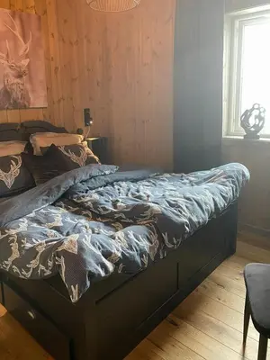 a bed in a bedroom with a wooden wall at Modern Cabin In Trysil With Mountain Views in Trysil