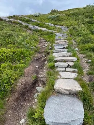 a stone path on a hill with grass at Cabin With Mountain View Near Lake Totak in Rauland