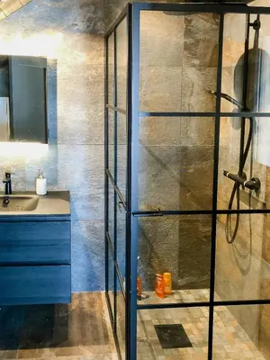 a bathroom with a shower and a sink at Modern Cabin With View In Rauland in Rauland